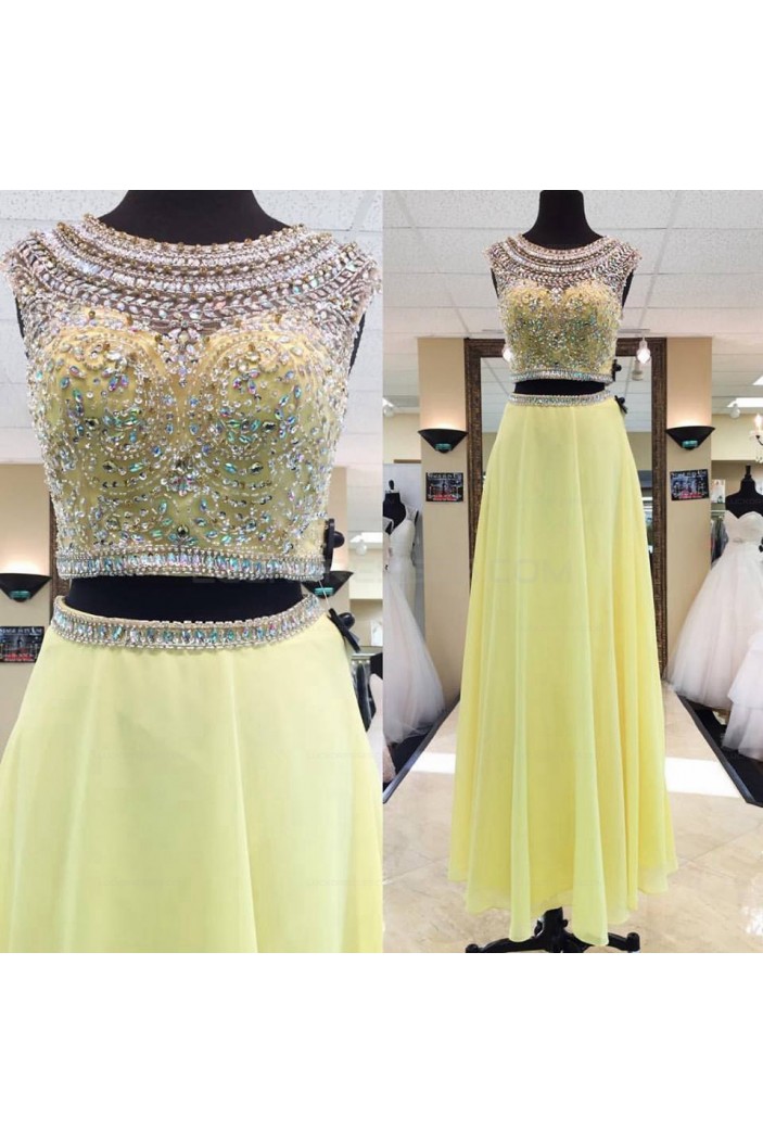 Beaded Two Pieces Long Yellow Prom Evening Party Dresses 3020649