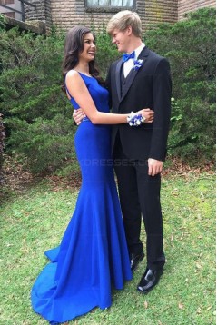 Long Blue Beaded Mermaid Prom Evening Party Dresses 3020655