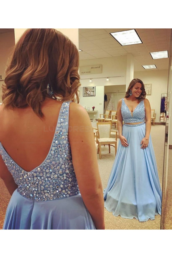 Long Blue Beaded Plus Size Prom Evening Party Dresses 3020657