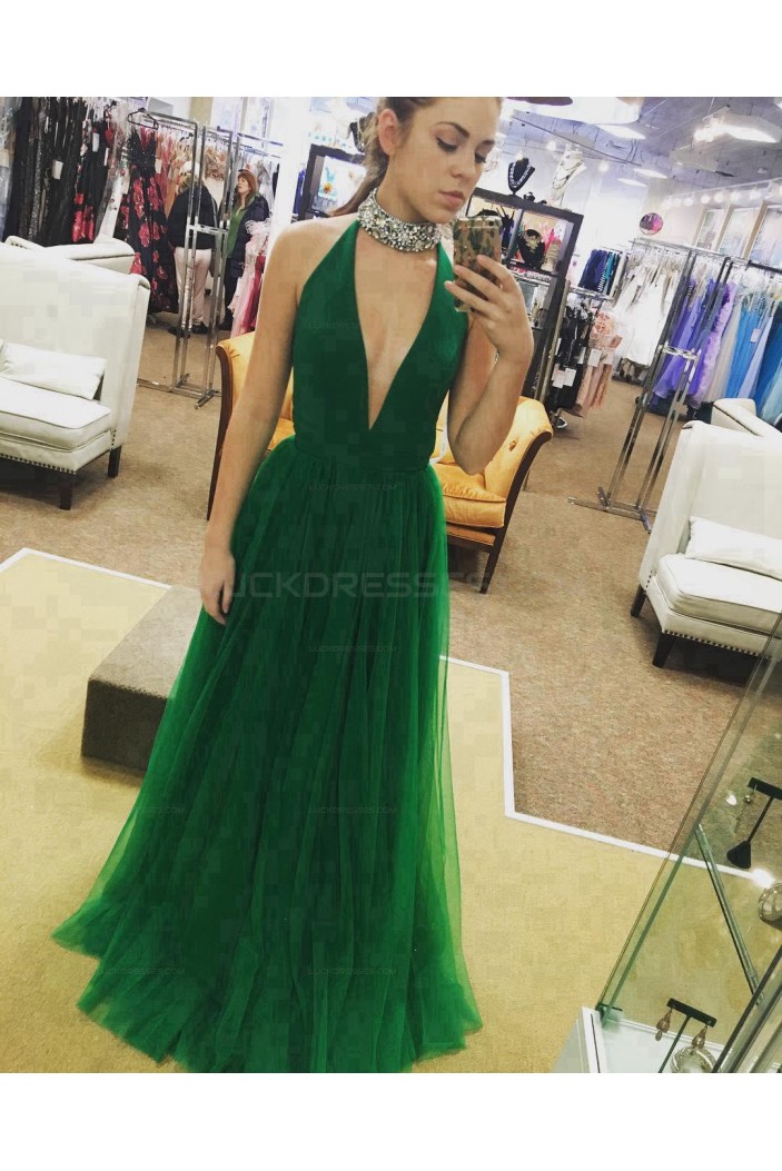 Long Green Beaded Deep V-Neck Prom Evening Party Dresses 3020660