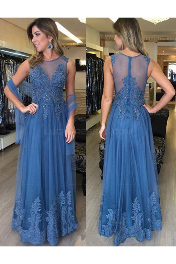 Long Blue Beaded Lace Appliques Prom Evening Party Dresses 3020662