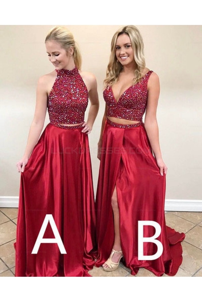 Long Red Beaded Prom Evening Party Dresses 3020673