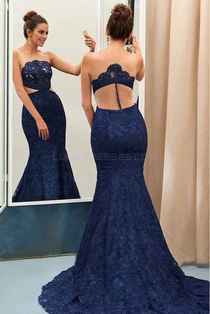 Mermaid Long Blue Lace Prom Evening Party Dresses 3020676