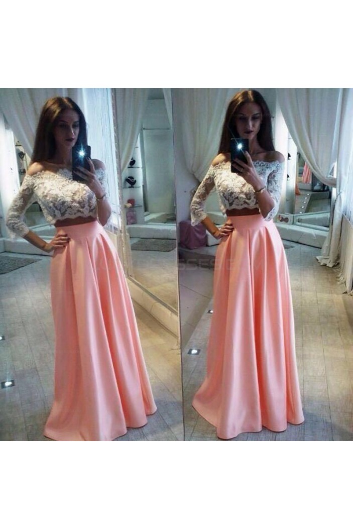 Two Pieces Off-the-Shoulder Lace Pink White Prom Evening Party Dresses 3020681