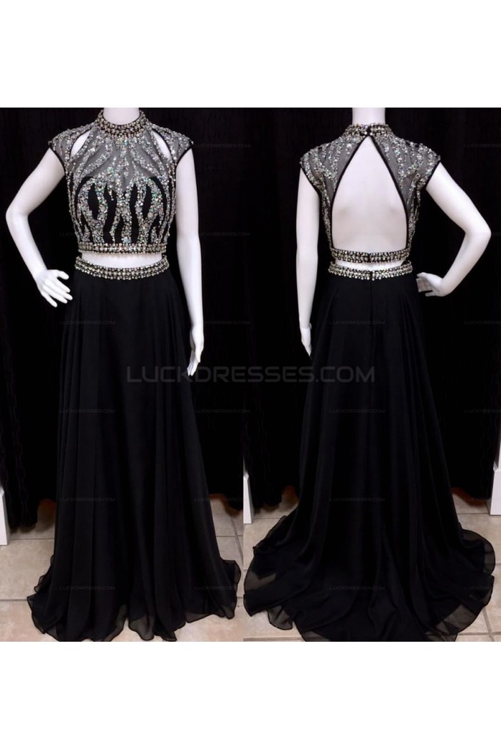 Long Black Two Pieces Beaded Chiffon Prom Evening Party Dresses 3020683