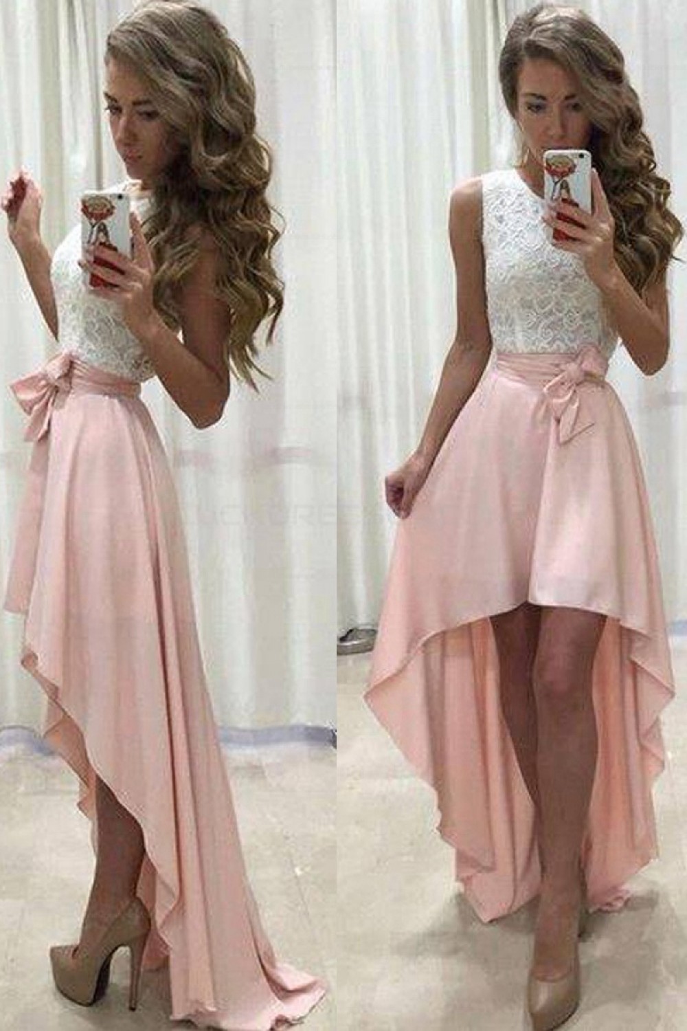 pink dress with white lace