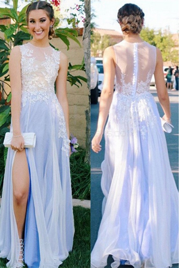 Elegant Illusion Neckline Lace Chiffon Long Prom Evening Party Dresses 3020695