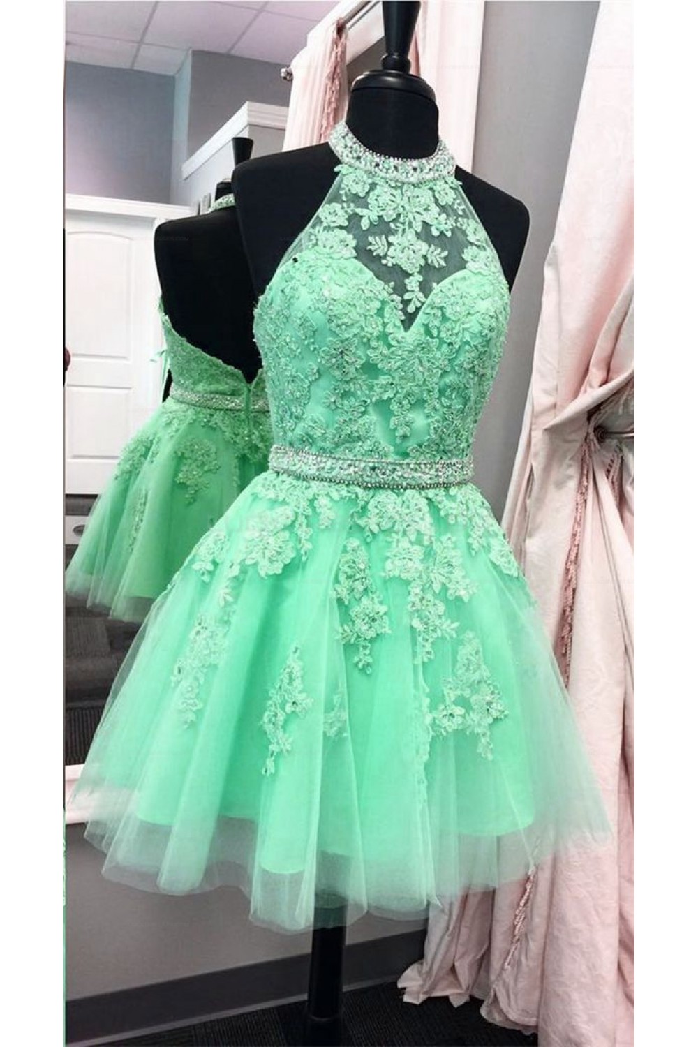 Halter Short Green Beaded Lace Prom Party Homecoming Graduation Dresses ...