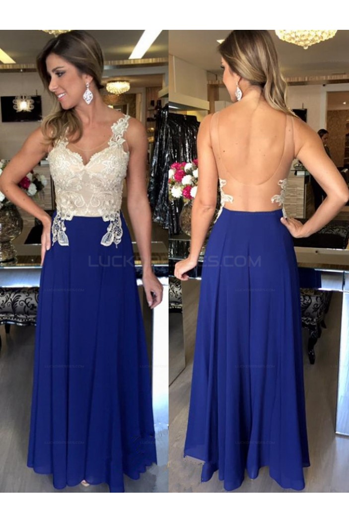 Long Blue White Lace Chiffon Prom Evening Party Dresses 3020722