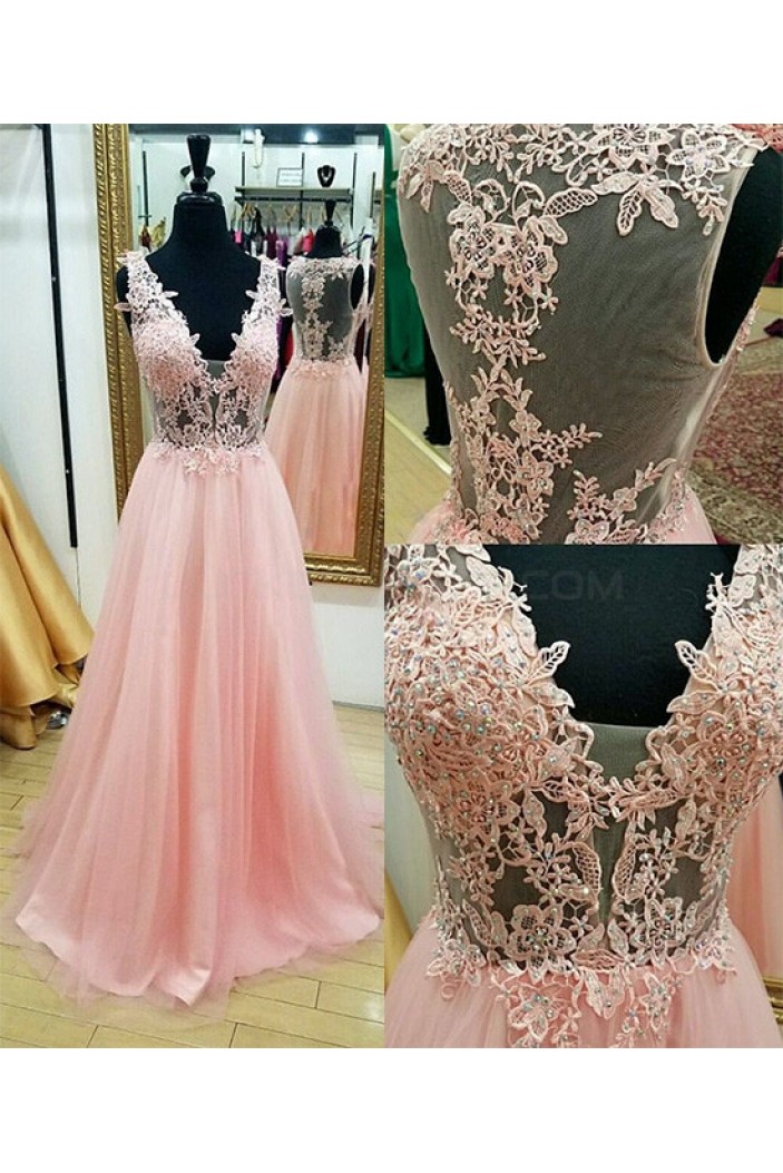 A-Line Beaded Lace V-Neck Long Pink Prom Dresses Party Evening Gowns 3020755