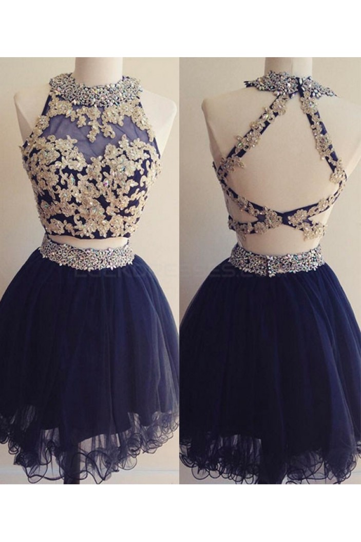 Short Two Pieces Navy Blue Beaded Lace Appliques Prom Homecoming Graduation Dresses 3020764