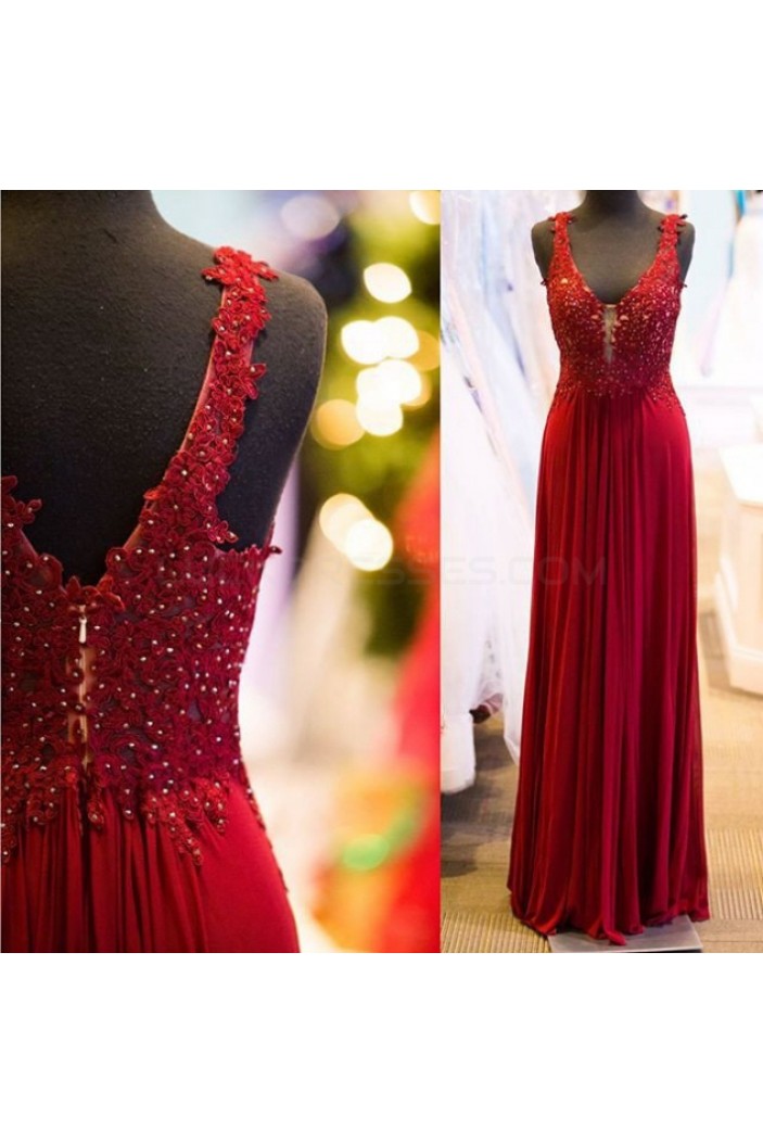 Sheath/Column Lace V-Neck Chiffon Long Red Prom Formal Evening Party Dresses 3020784