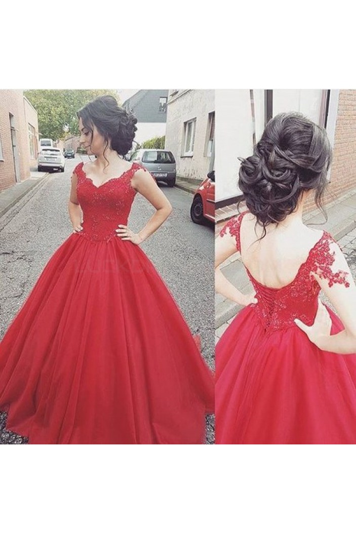 Long Red Lace Ball Gown Prom Formal Evening Party Dresses 3020795