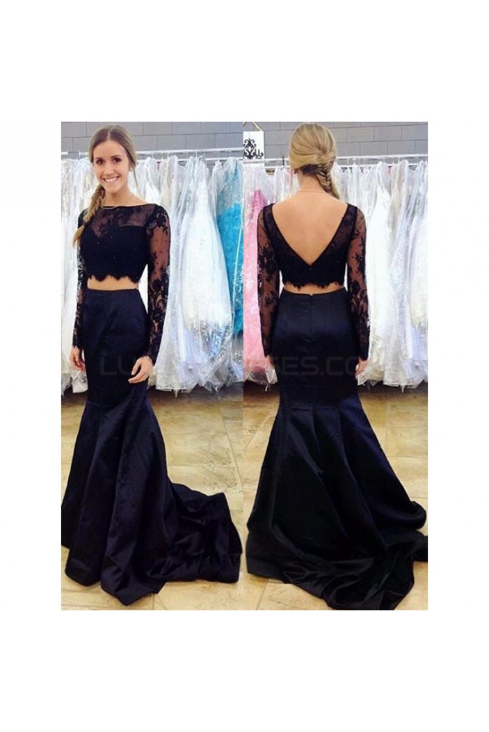 Two Pieces Long Sleeves Mermaid Lace Navy Blue Prom Formal Evening Party Dresses 3020822