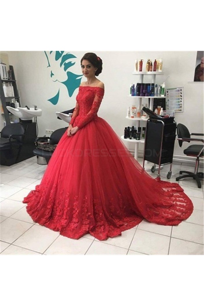 Long Red Off-the-Shoulder Long Sleeves Lace Prom Formal Evening Party Dresses 3020826