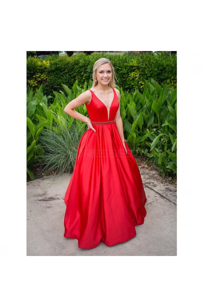 Long Red V-Neck Beaded Prom Formal Evening Party Dresses 3020839