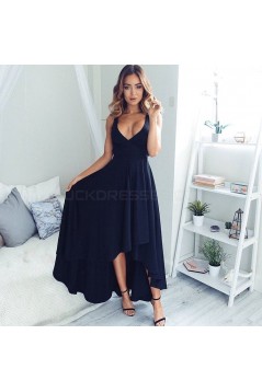 High Low V-Neck Navy Blue Chiffon Prom Formal Evening Party Dresses 3020875