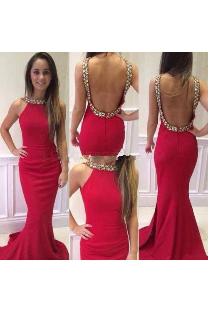 Beaded Long Red Mermaid Backless Prom Formal Evening Party Dresses 3020878
