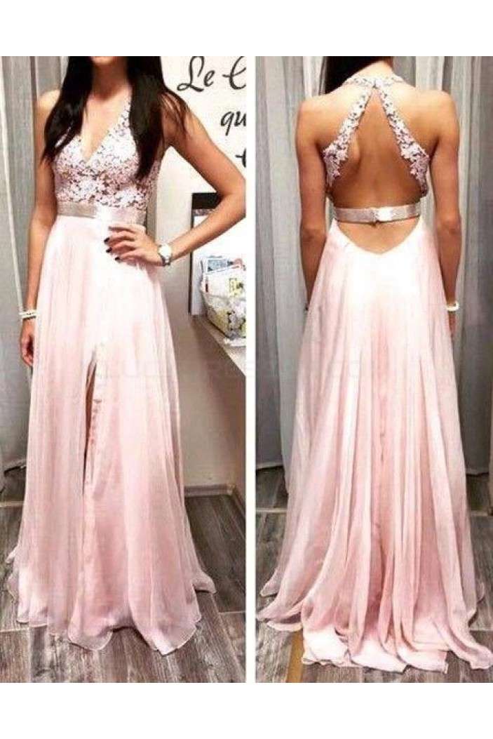 A-Line V-Neck Long Pink Lace Prom Formal Evening Party Dresses 3020893