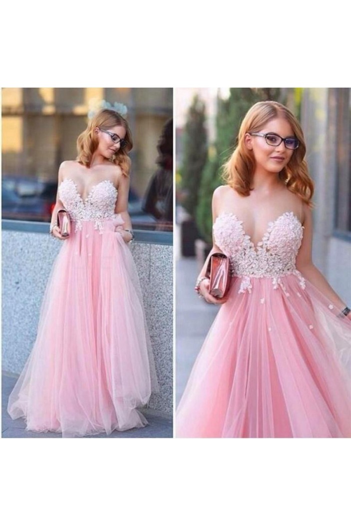 Long Pink Tulle White Lace Appliques Prom Formal Evening Party Dresses 3020904