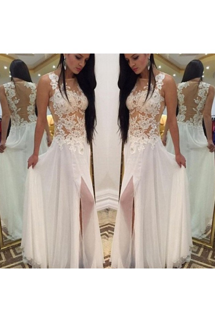 Long White Lace and Chiffon Prom Formal Evening Party Dresses 3020906