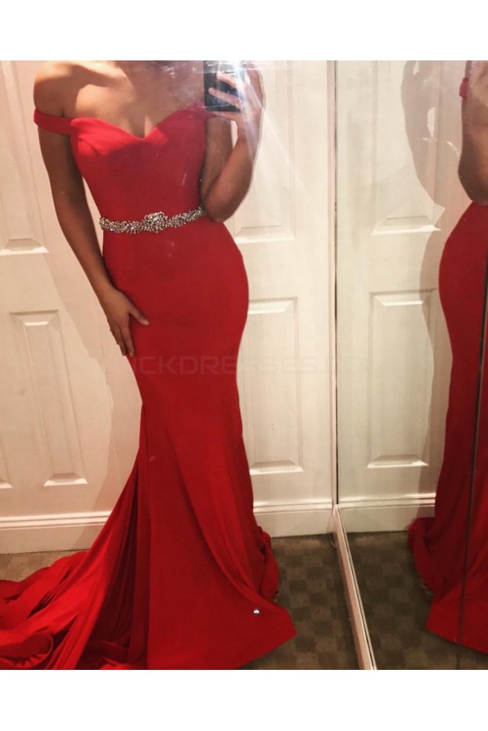 Mermaid Off-the-Shoulder Beaded Long Red Prom Formal Evening Party Dresses 3020928