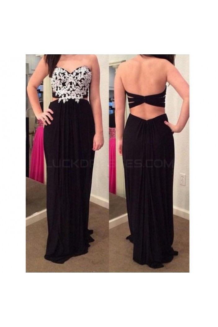 Sheath Long Black Chiffon White Lace Appliques Prom Formal Evening Party Dresses 3020950