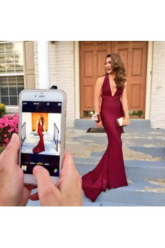 Deep V-Neck Halter Mermaid Long Burgundy Prom Formal Evening Party Dresses 3020957