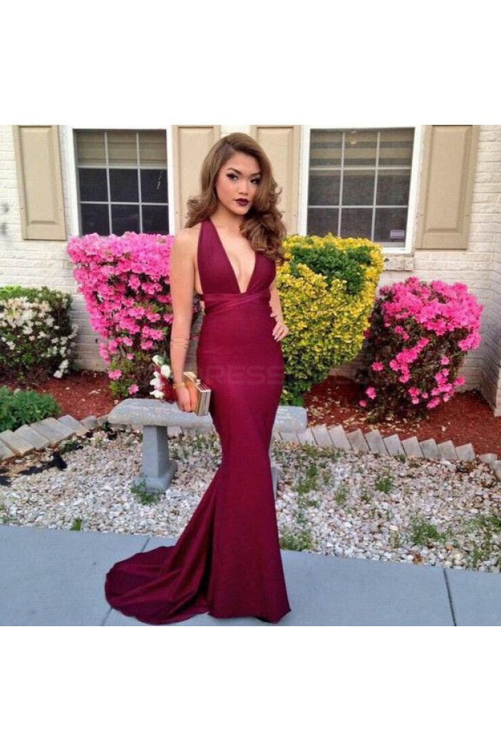 Deep V-Neck Halter Mermaid Long Burgundy Prom Formal Evening Party Dresses 3020957