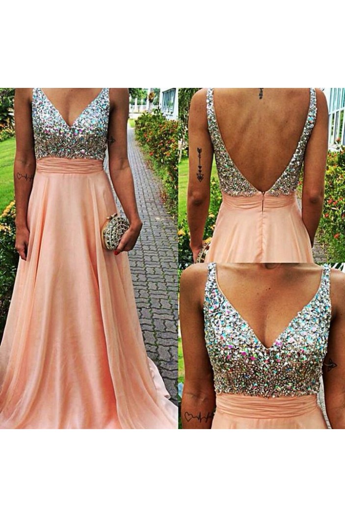 A-Line Beaded V-Neck Chiffon Prom Formal Evening Party Dresses 3020966