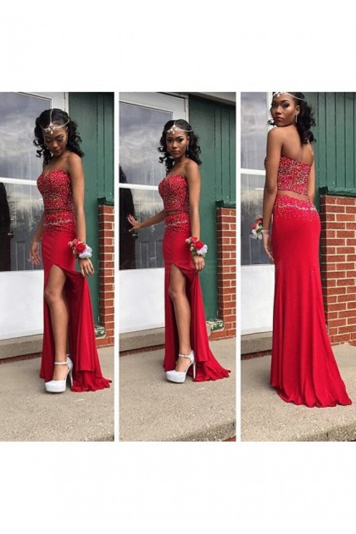 Beaded Two Pieces Long Red Chiffon Prom Formal Evening Party Dresses 3020969