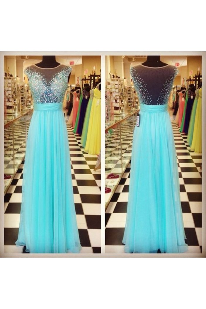 A-Line Beaded Long Blue Chiffon Prom Formal Evening Party Dresses 3020971