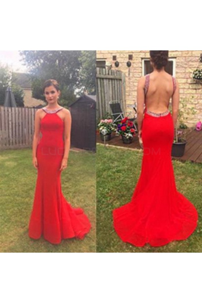 Mermaid Beaded Red Backless Prom Formal Evening Party Dresses 3020981