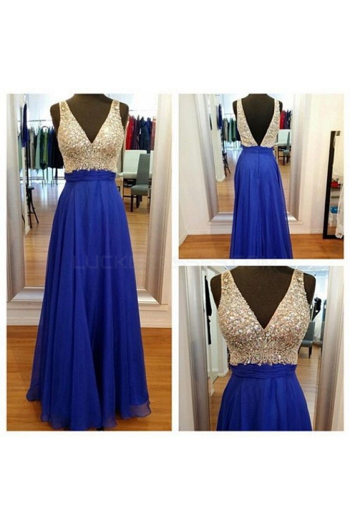 A-Line V-Neck Long Blue Beaded Prom Formal Evening Party Dresses 3020988