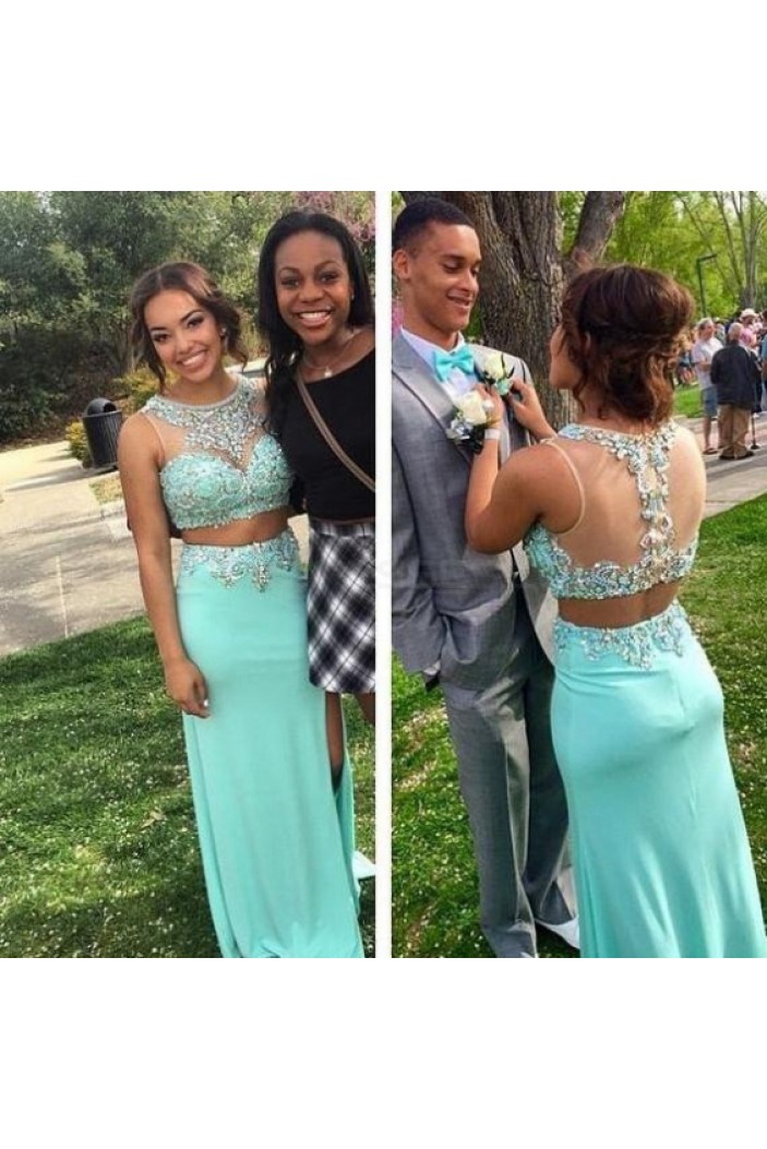 Long Blue Beaded Two Pieces Prom Formal Evening Party Dresses 3020996