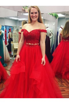 Inexpensive Two Pieces Prom Dresses Long Red Lace Prom Dresses Evening Gowns 601012