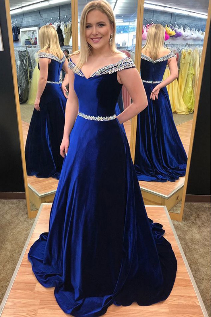 Amazing A-Line Beaded Long Prom Dresses Off-the-Shoulder Evening Gowns 601014