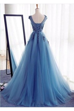 A-Line Long Blue Lace Prom Dresses Formal Evening Dresses 601015