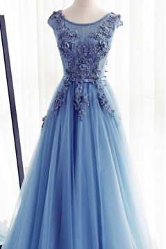 A-Line Long Blue Lace Prom Dresses Formal Evening Dresses 601015