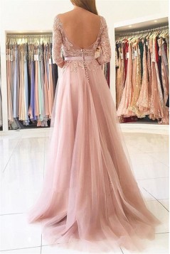 Elegant Lace Aappliques and Tulle 3/4 Length Sleeves Long Prom Dresses Formal Evening Dresses 601016