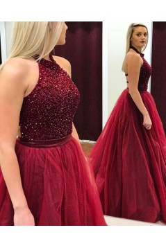 Ball Gown Hatler Beaded Long Burgundy Prom Dresses Formal Evening Dresses 601019