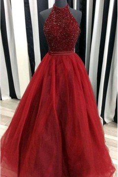 Ball Gown Hatler Beaded Long Burgundy Prom Dresses Formal Evening Dresses 601019