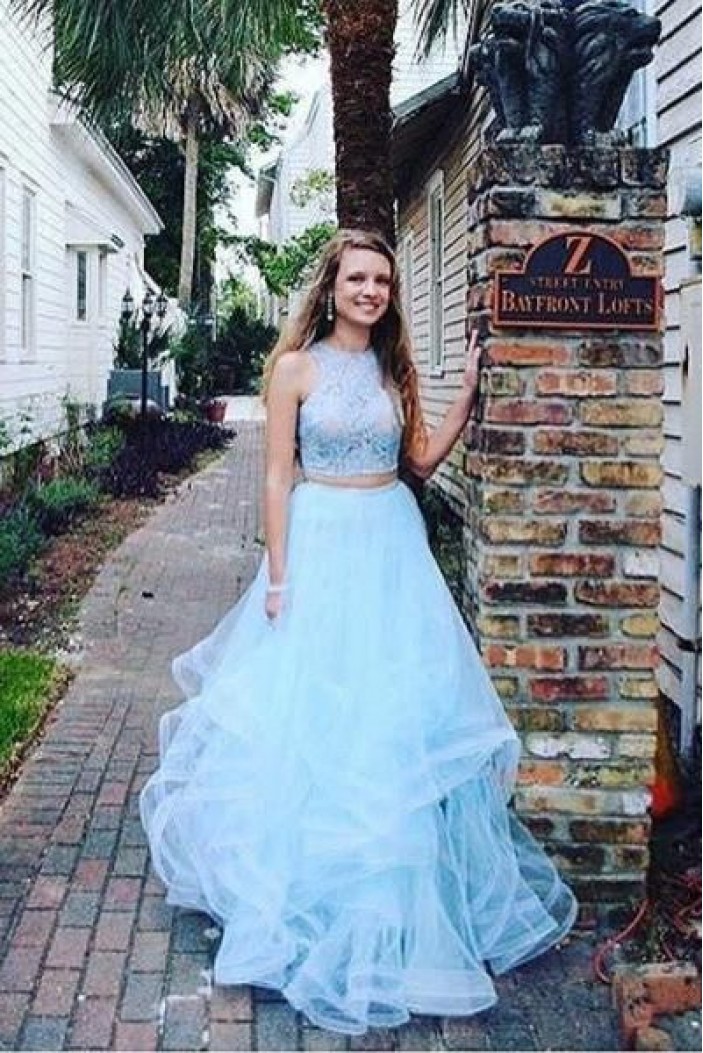 Elegant Two Pieces Light Blue Lace Tulle Long Prom Dresses Formal Evening Dresses 601024