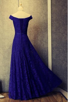 A-Line Lace Long Blue Prom Dresses Formal Evening Dresses 601026