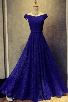 A-Line Lace Long Blue Prom Dresses Formal Evening Dresses 601026