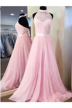 A-Line Halter Long Pink Lace Prom Dresses Formal Evening Dresses 601028