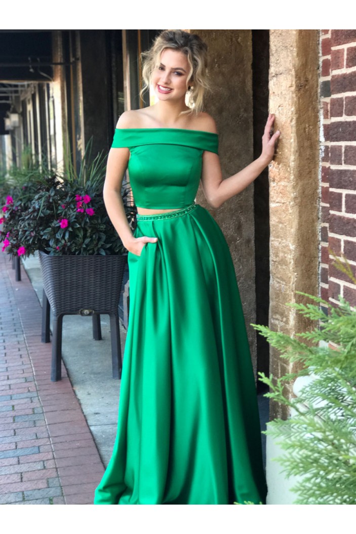 Two Pieces Long Green Beaded Prom Dresses Formal Evening Dresses 601037