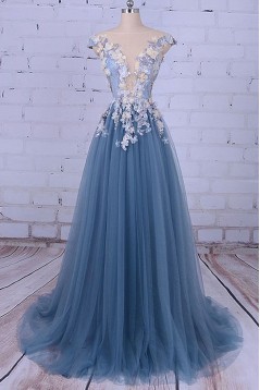 Long Lace and Tulle Prom Dresses Formal Evening Dresses with Flowers 601039