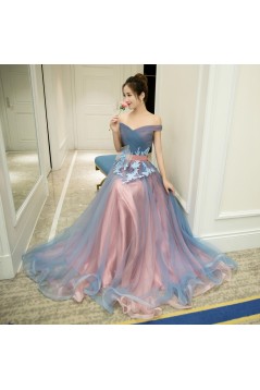 A-Line Off-the-Shoulder Tulle Long Prom Dresses Formal Evening Dresses 601050