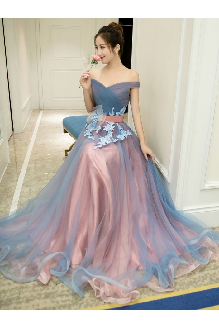 A-Line Off-the-Shoulder Tulle Long Prom Dresses Formal Evening Dresses 601050